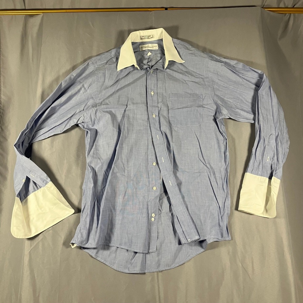 Peterborough Row Mens Size 16 35 Blue Oxford Dress Shirt White‎ Collar French
